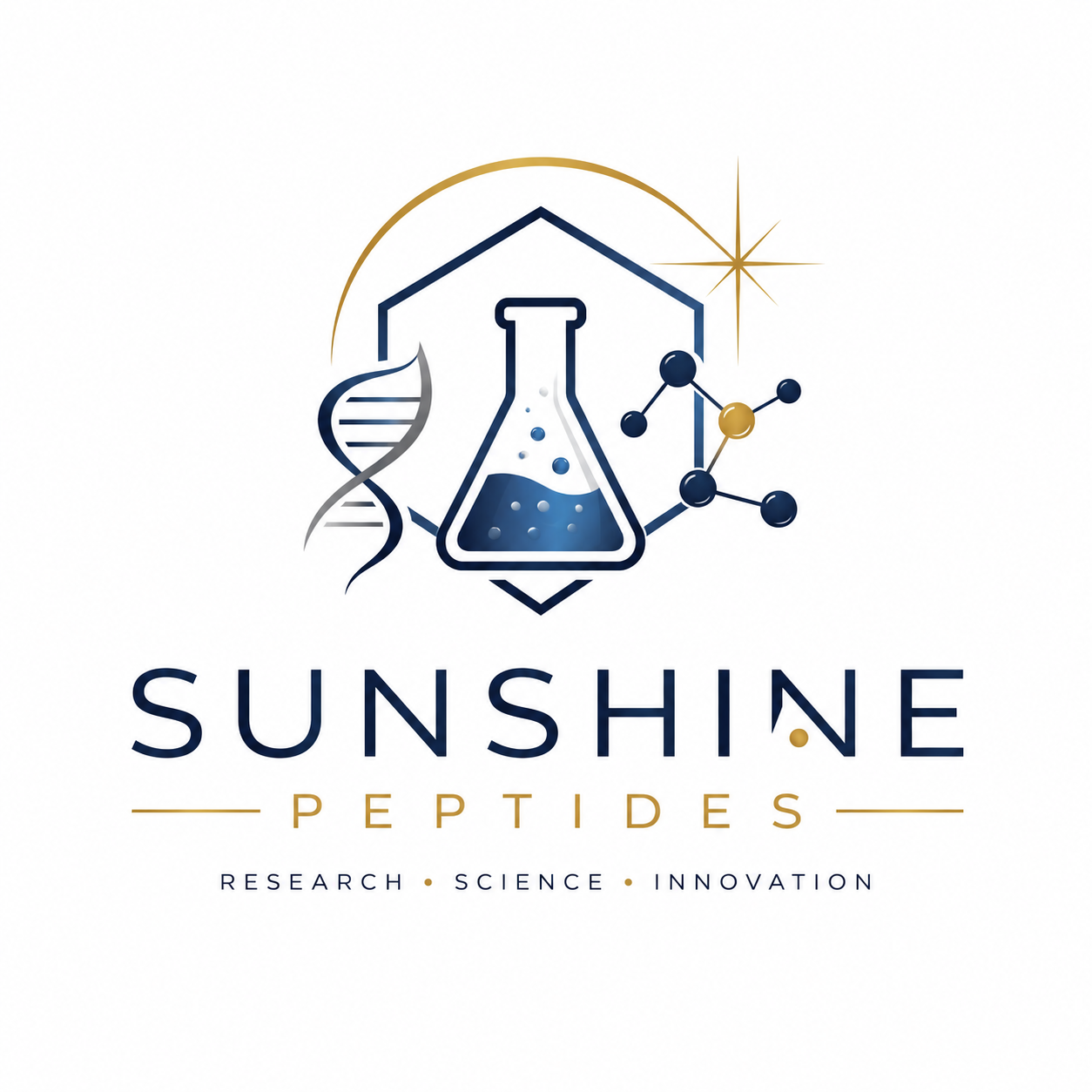 Sunshine Peptides logo with flask, DNA, molecule